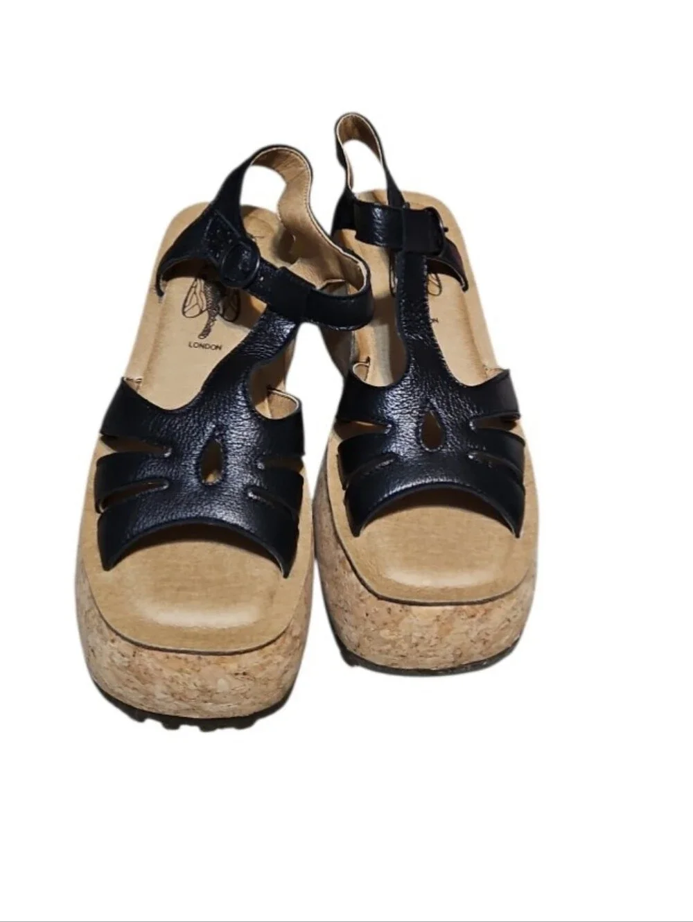 Fly London Coil Platform Black Leather T-Strap Cork Sandals-NEW